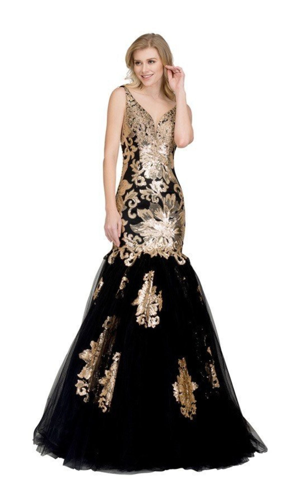 A woman poses against a white background in the Long Sequin Mermaid Prom Dress: Chicas DR7009, a black mermaid-style evening gown with gold floral embroidery.